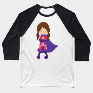 Superhero Girl, Brown Hair, Cute Girl, Purple Cape Baseball T-Shirt